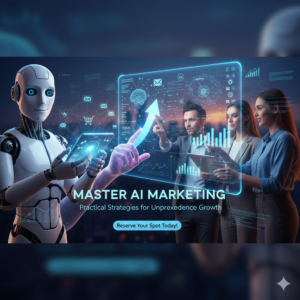 A robot holdinng a tablet which inndicates Ai for marketing